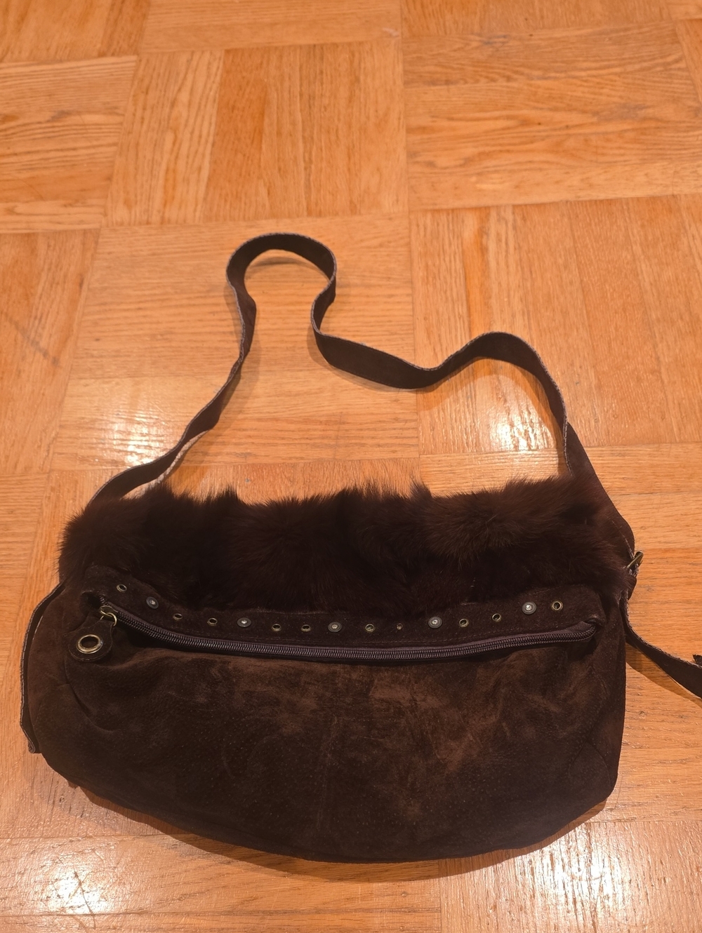 Women’s Dark Brown Fur-Trim Suede Crossbody Bag